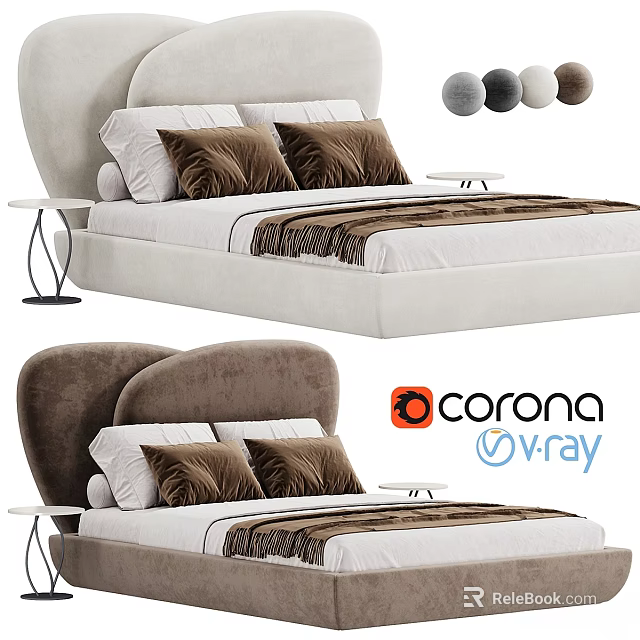 Elegant Double Bed Design With Upholstered Headboard White Frame And Brown Cushions 3d model