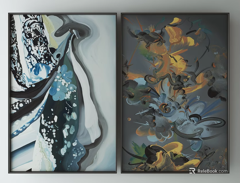 Two Abstract Paintings With Colorful Patterns Blue Black Yellow Gray Tones For Home Decor 3d model 