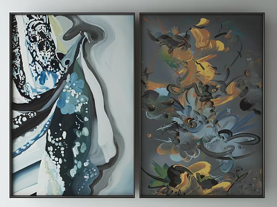 Two Abstract Paintings With Colorful Patterns Blue Black Yellow Gray Tones For Home Decor 3d model