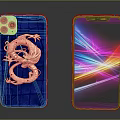 Smartphone With Gold Frame And Blue Crocodile Texture Case Featuring Golden Dragon Design