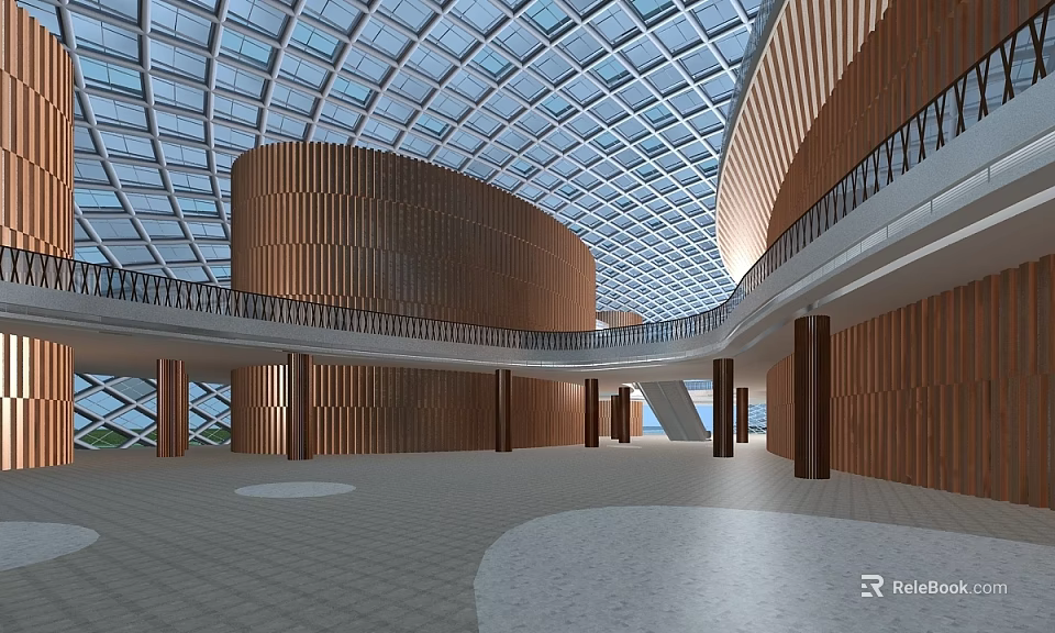 Spacious Architectural Interior With Wooden Curved Structures And Glass Dome Ceiling 3d model 