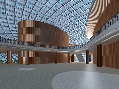 Spacious Architectural Interior With Wooden Curved Structures And Glass Dome Ceiling 3d model