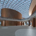 Spacious Architectural Interior With Wooden Curved Structures And Glass Dome Ceiling