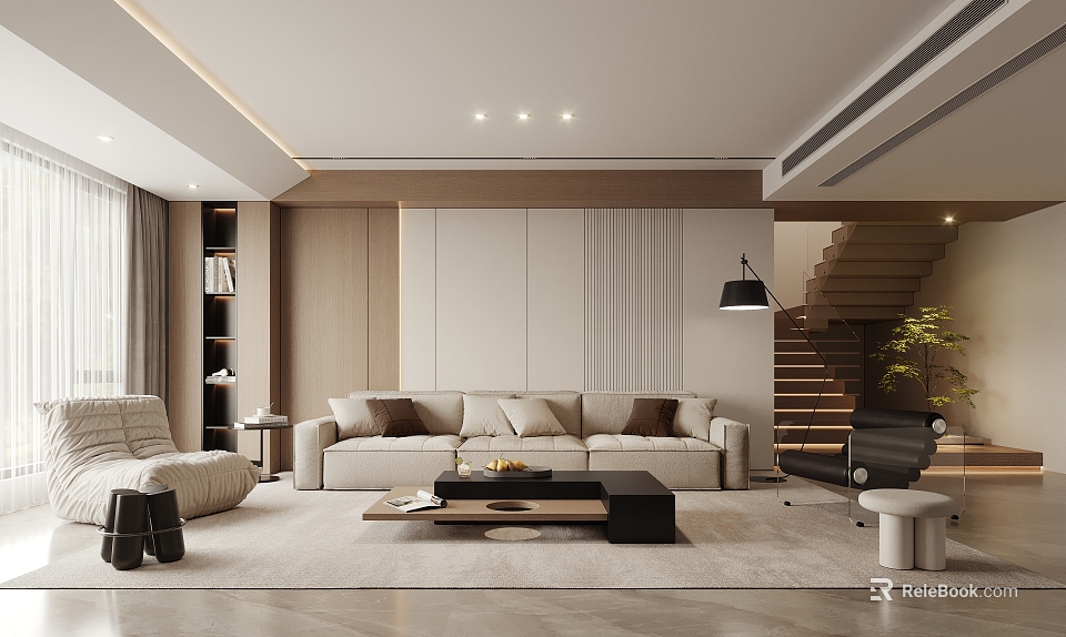 Modern Living Room Interior Design With Beige Sofa Coffee Table Neutral Rug And Wooden Elements 3d model 