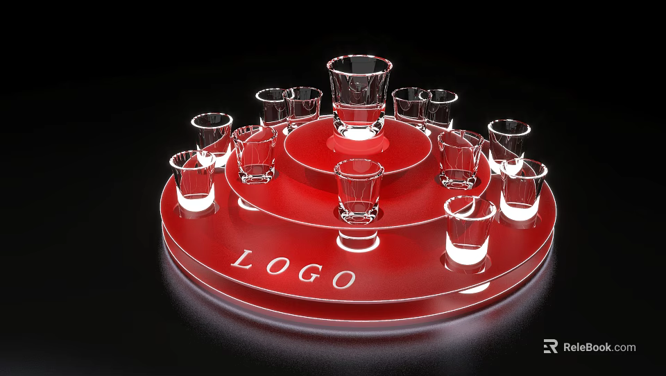 Red Multi Tiered Commercial Equipment Tray With Shot Glasses Central Tall Glass And Logo 3d model 