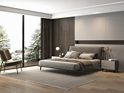 Modern Bedroom Double Bed with Wooden Wall Natural Light Area Rug and Bedside Table 3d model