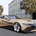 Metallic Gold Sports Car With Sleek Modern Design And Large Alloy Wheels By Urban Trees