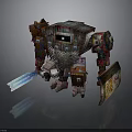 Colorful Pixelated Block Creature Holding Blue Sword And Decorated Shield
