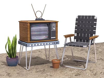 Vintage TV Set on Metal Stand with Retro Chair and Potted Plant 3d model