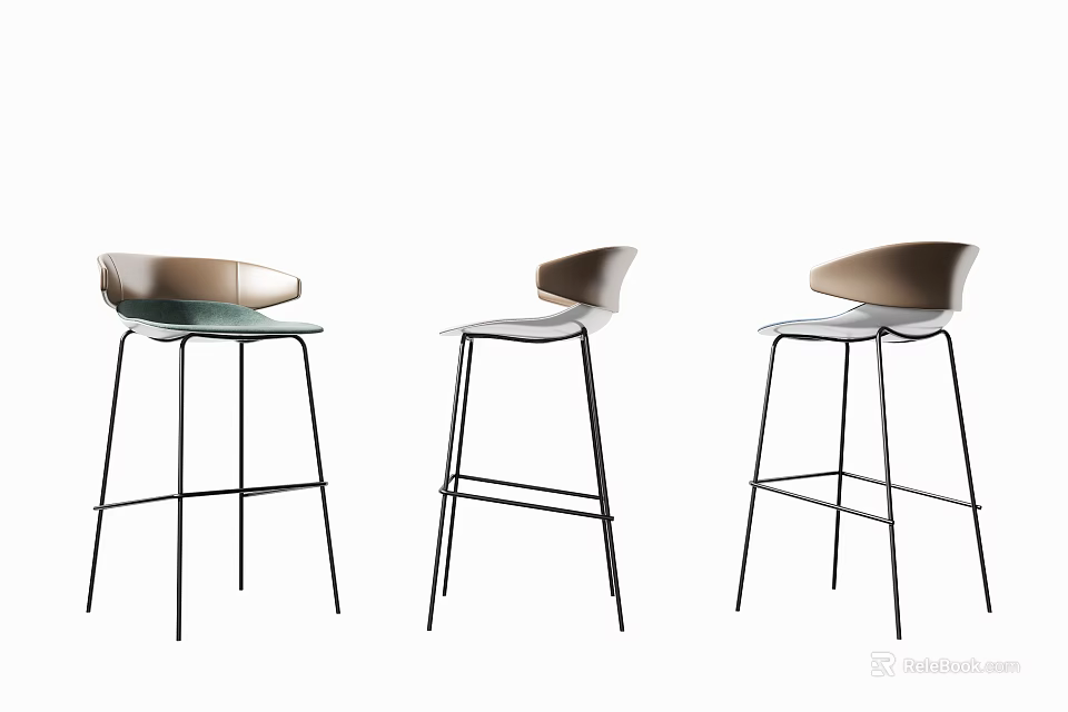 Modern Bar Stools With Brown Backrest Light Seat And Black Metal Legs 3d model 