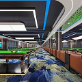 Elegant Billiard Room Interior With Multiple Pool Tables Green Felt And Blue Ceiling Lights 3d model