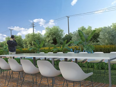 Outdoor Table with White Chairs in Garden Setting Surrounded by Green Plants and Blue Sky 3d model