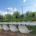 Outdoor Table with White Chairs in Garden Setting Surrounded by Green Plants and Blue Sky