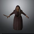 Hooded Old Woman In Dark Robe Holding Stick With Arms Outstretched