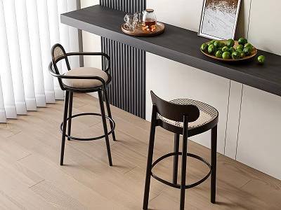 Modern Bar Counter With Black Top Bar Stools Fruit Bowl Glassware And Wooden Floor 3d model