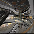 Modern Shopping Mall Lobby Featuring Wooden Strip Ceiling Hanging Lights And Marble Flooring
