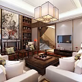 Traditional Chinese Living Room Interior With High Ceiling Wooden Floors Pendant Lights And Large Window