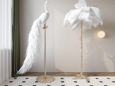 White Feather Floor Lamp In Modern Room With Peacock Decor 3d model