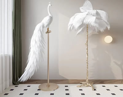 White Feather Floor Lamp In Modern Room With Peacock Decor 3d model