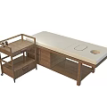 Wooden Frame Massage Bed With White Mattress Storage Cabinet And Side Cart On Wheels