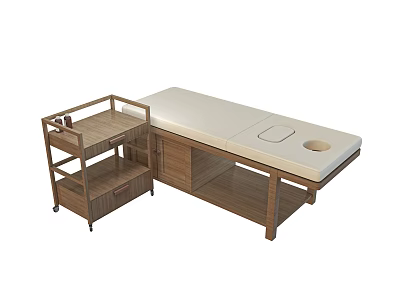 Wooden Frame Massage Bed With White Mattress Storage Cabinet And Side Cart On Wheels 3d model