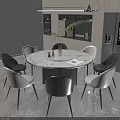 Modern Round Dining Table With Marble Top And Gray Beige Chairs In Open Kitchen 3d model