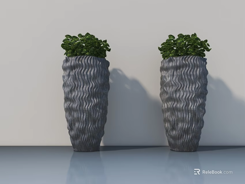 Two Green Potted Plants In Gray Wavy Pattern Pots For Modern Indoor Decor 3d model