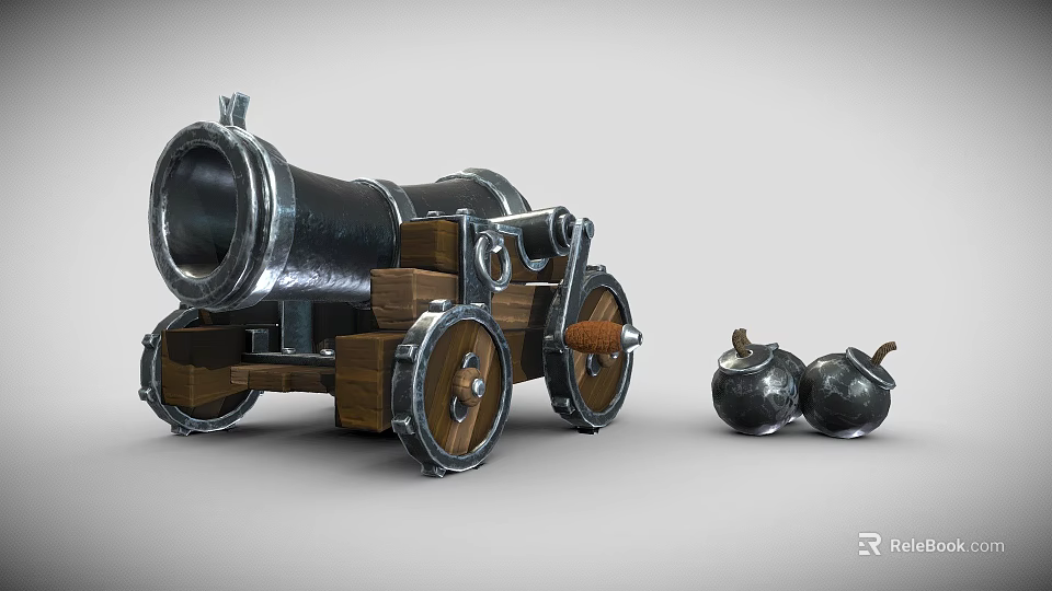 Vintage Metal Cannon With Wooden Wheels And Cannonballs On Gray Background 3d model 