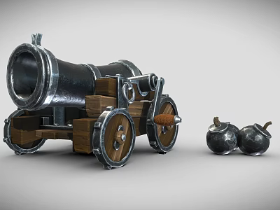 Vintage Metal Cannon With Wooden Wheels And Cannonballs On Gray Background 3d model