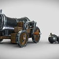 Vintage Metal Cannon With Wooden Wheels And Cannonballs On Gray Background