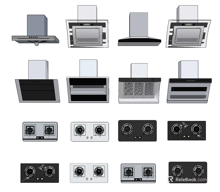 Different Types of Kitchen Appliances Including Range Hoods and Gas Stoves 3d model 