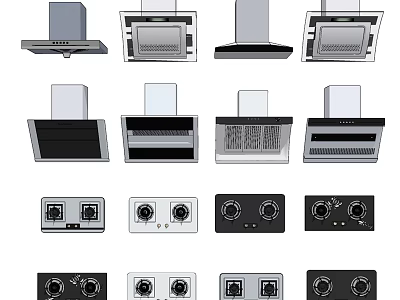 Different Types of Kitchen Appliances Including Range Hoods and Gas Stoves 3d model