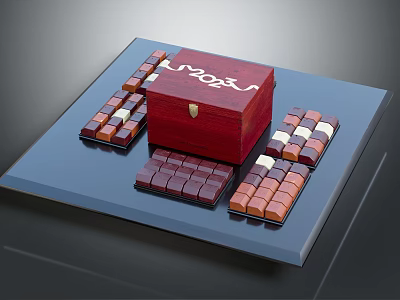 Square Chocolate Pieces Arranged Around Red Wooden Box With White Text On Dark Tray 3d model