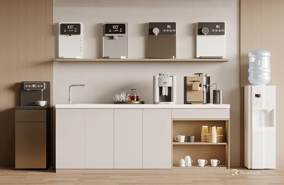Modern Kitchen Interior With Countertop Water Dispensers Coffee Makers And White Cabinets 3d model 