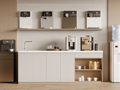 Modern Kitchen Interior With Countertop Water Dispensers Coffee Makers And White Cabinets 3d model