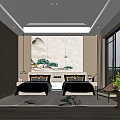 Modern Oriental Bedroom Interior With Twin Beds Landscape Painting Backdrop Wooden Elements And Large Windows