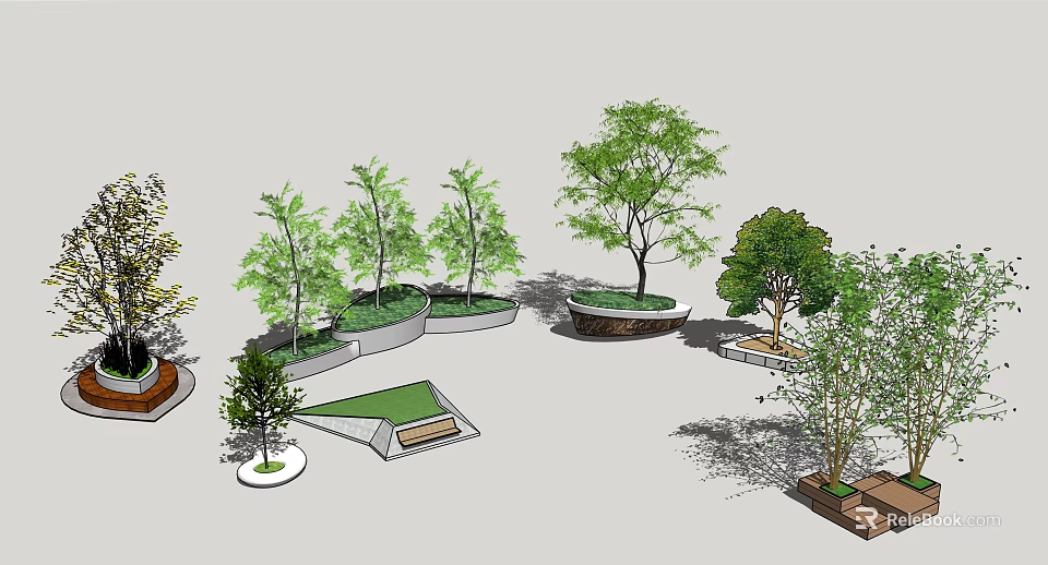 Tree Planters with Various Shapes and Green Trees in Modern Urban Landscape Design 3d model 