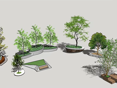 Tree Planters with Various Shapes and Green Trees in Modern Urban Landscape Design 3d model