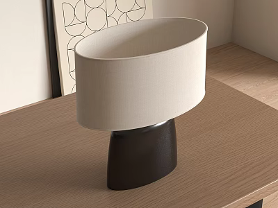 Modern Table Lamp With Cream Lampshade And Black Base On Wooden Table Near Geometric Art 3d model