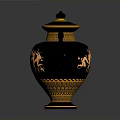 Black Ceramic Vase With Lid Handles And Golden Sculpted Figure Carvings