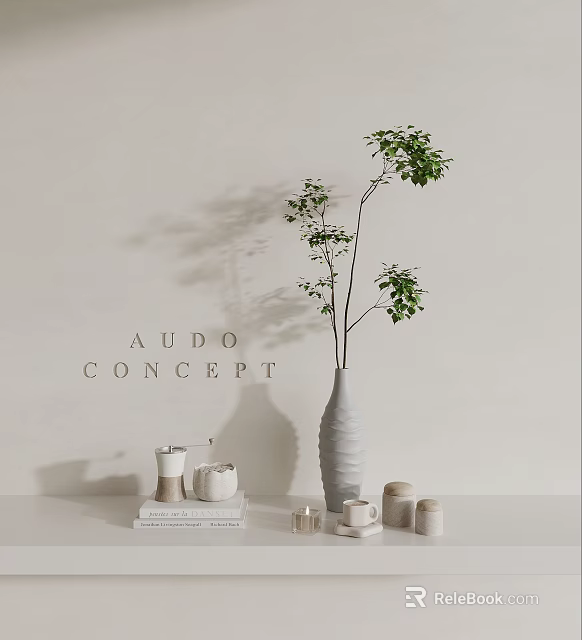 Stylish Home Decor Setup With Green Plant In Gray Vase And Candles 3d model 