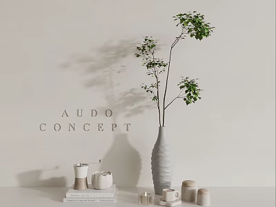 Stylish Home Decor Setup With Green Plant In Gray Vase And Candles 3d model