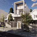 Modern Two Story Detached Villa With Balcony Trees And Fence Under Cloudy Sky
