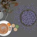 Fresh Blueberries in Bowl on Dark Surface with Coffee Cup Macarons and Leafy Vase