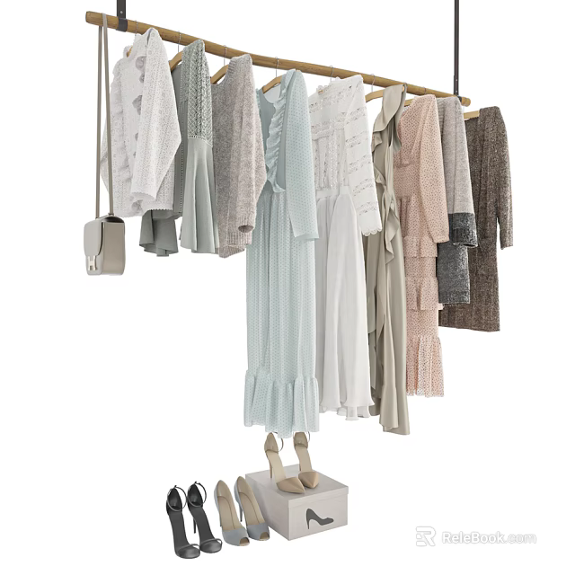 Hanging Women's Clothes With Light Colored Dresses Sweaters Beige Shoes And Gray Handbag 3d model 