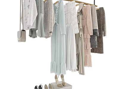 Hanging Women's Clothes With Light Colored Dresses Sweaters Beige Shoes And Gray Handbag 3d model