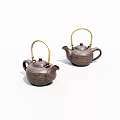 Two Brown Copper Teapots with Bamboo Handles and Textured Surface on White Background 3d model