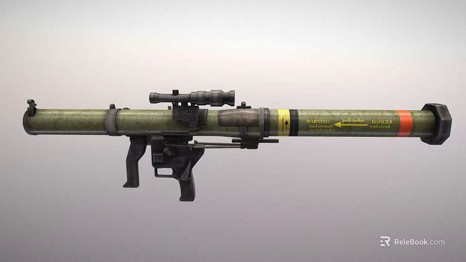 Military Rocket Launcher With Green Tube Black Scope Yellow Caution Strip Red Tip 3d model 