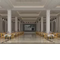 Elegant Banquet Hall With Golden Chairs Large Screen Ornate Ceiling And Marble Floor