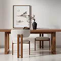 Modern Wooden Dining Table Set With White Brown Chairs Black Vase Dried Flowers Wall Art